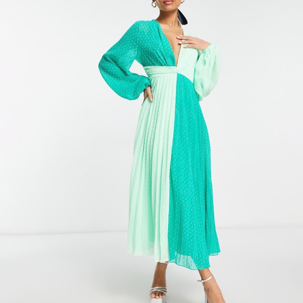 ASOS DESIGN dobby twist front pleated midi dress in green colour block